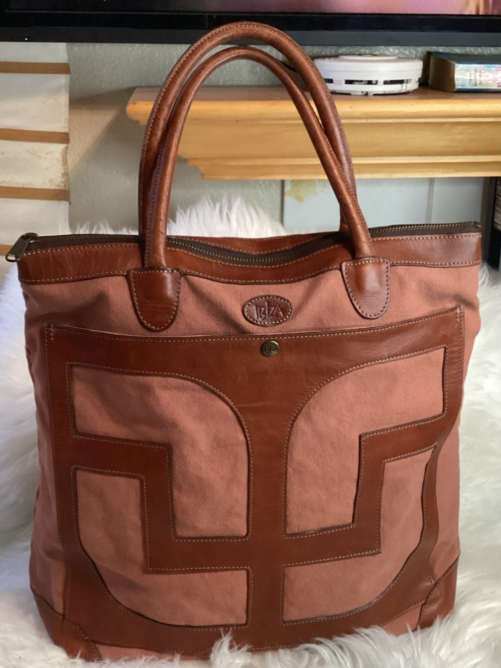 Ibiza Leather-Trim Brown Canvas Tote Bag